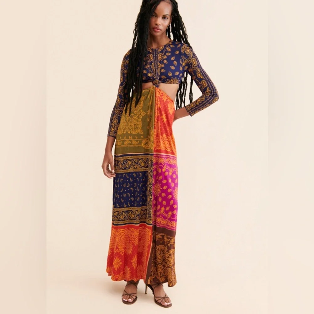 Farm Rio Multicolor Bandana Dream Cut Out Maxi Dress Large New Resort Vacation - Picture 9 of 11